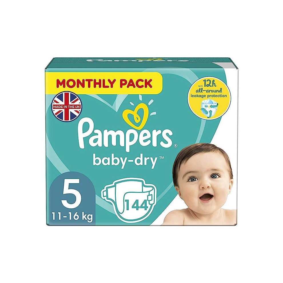 Pampers Baby Nappies Size 5 (11-16 kg/24-35 Lb), Baby-Dry, 144 Nappies, MONTHLY SAVINGS PACK, Up To 12h Of All-Around Leakage Protection