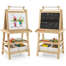 3-in-1 Kids Art Easel: Double-Sided Whiteboard & Chalkboard with Paper Roll, 2-Tier Storage Shelves & Bins, MDF Construction