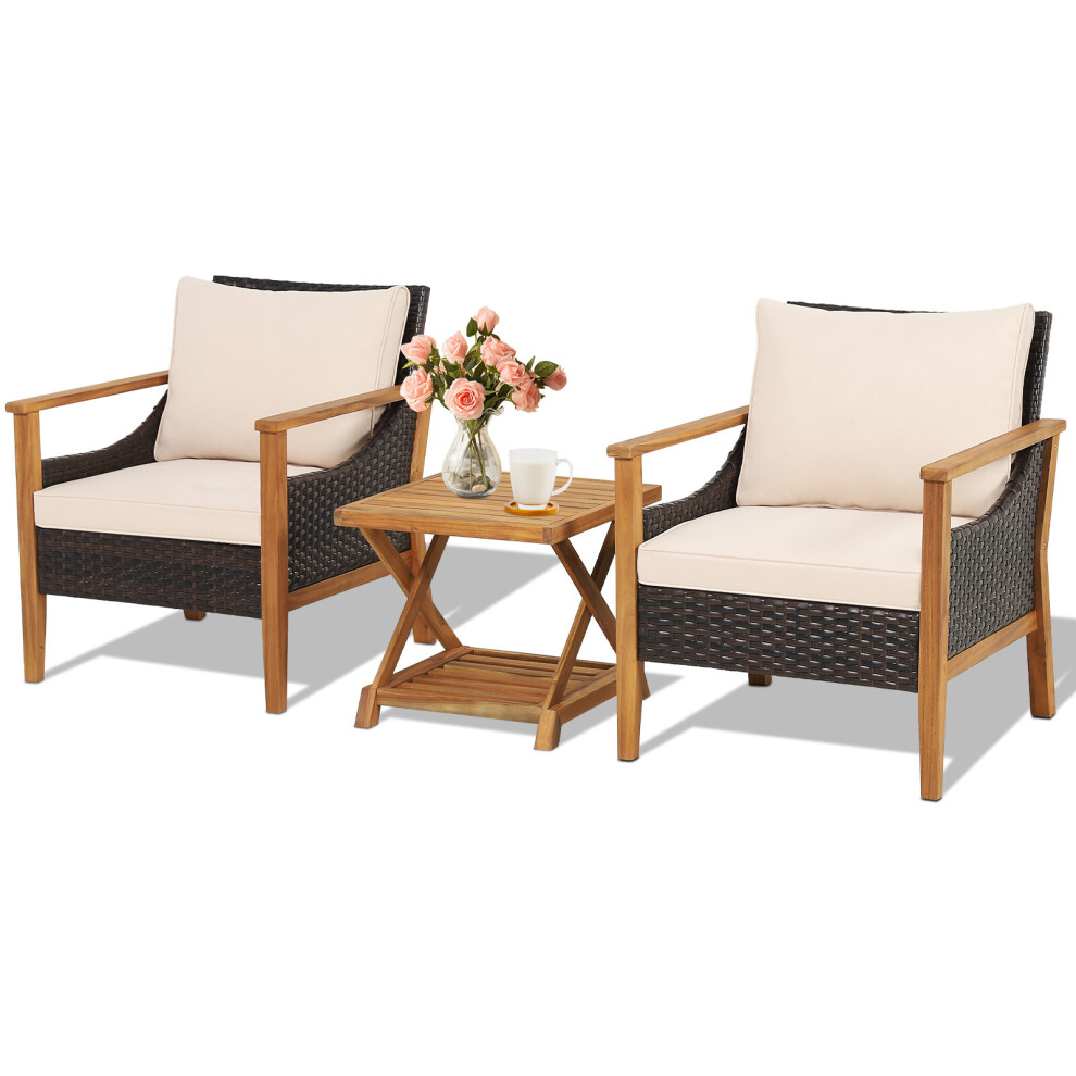 3 PCS Patio Furniture Set Mix Brown Rattan Chair w/ 2-Tier Side Table