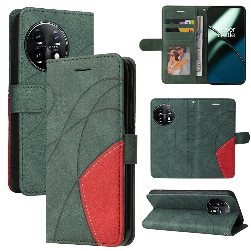 (Green) OnePlus 11 5G Case Stand View Magnetic Clasp Book Leather Wallet Case Flip Folio Phone Cover