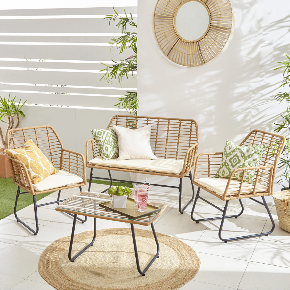 (Beige) Neo 4 Piece Wicker Bamboo Style Garden Set