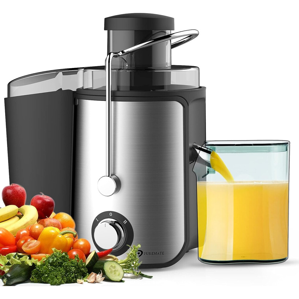 PureMate Juicer Machines, 600W Whole Fruit and Vegetable Juice Extractor, Centrifugal Juicer Machine, Stainless Steel Juicer with Two Speed Settings,