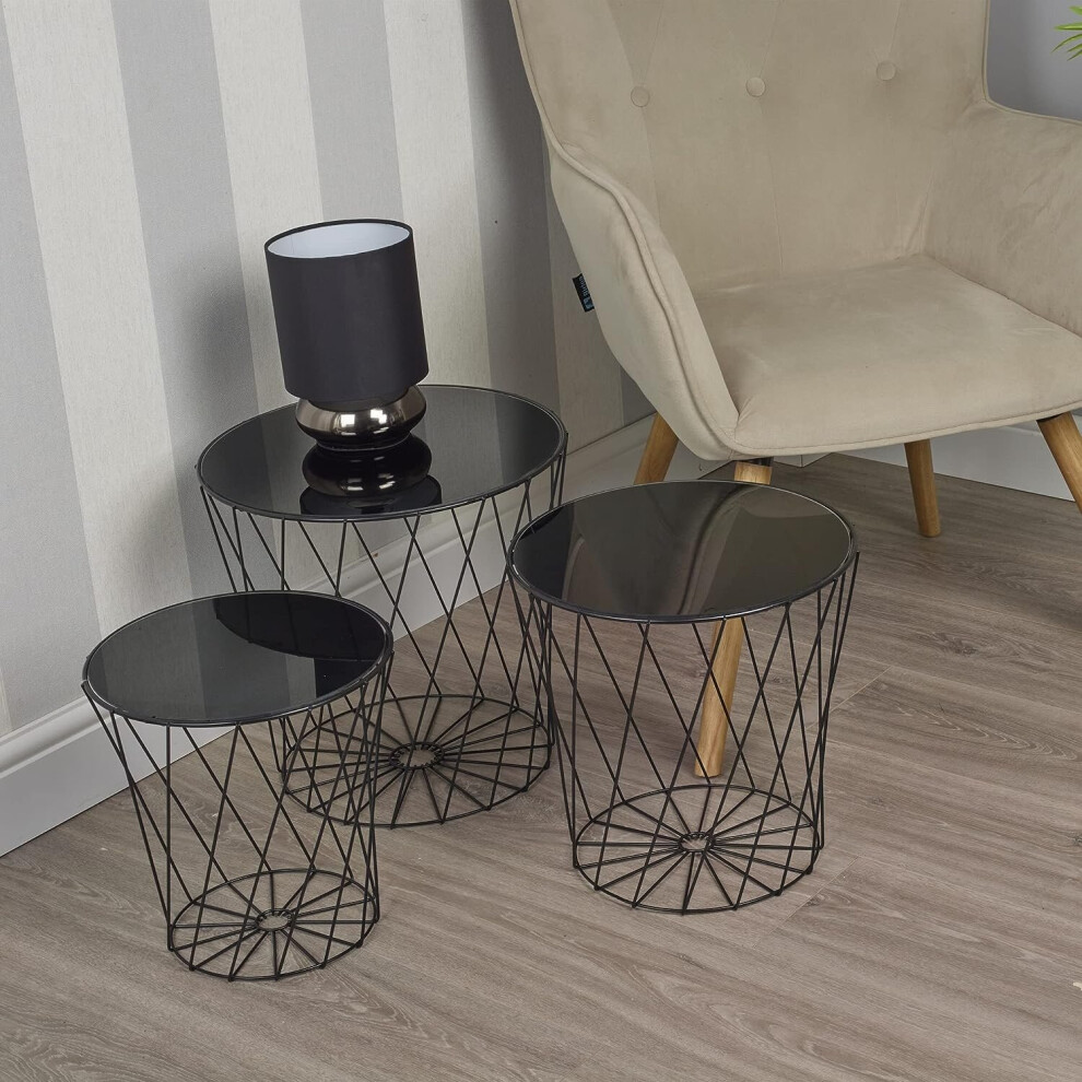 Black 3 Piece Nesting Table Set Glass Mirrored Top Side