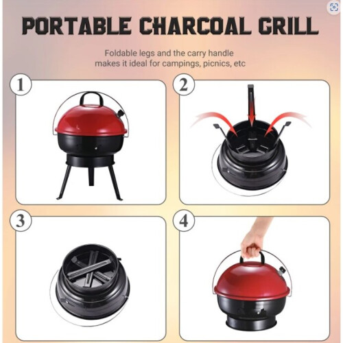 Metal Portable Charcoal Grill Red BBQ 1