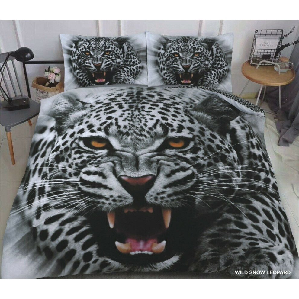 (3D Snow Leopard, King) 3D Animal Print Bedding Quilt Cover Duvet Set