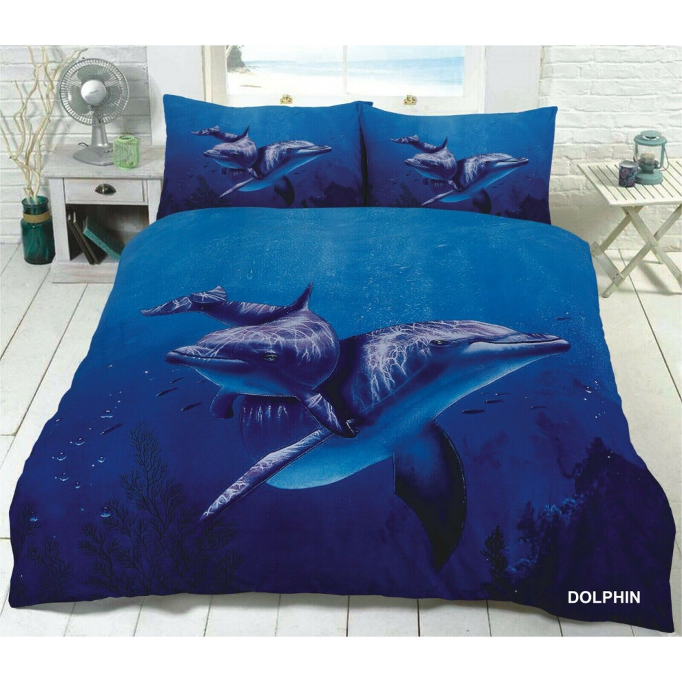 (3D Dolphin, Double) 3D Animal Print Bedding Quilt Cover Duvet Set