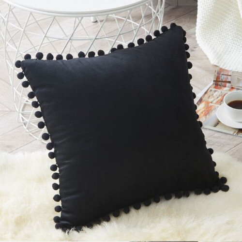 (Black, 45*45cm/17.72*17.72in) 45x45cm Pompoms Luxury Cushion Cover Soft Particle Velvet Solid Pillow Case 1pc