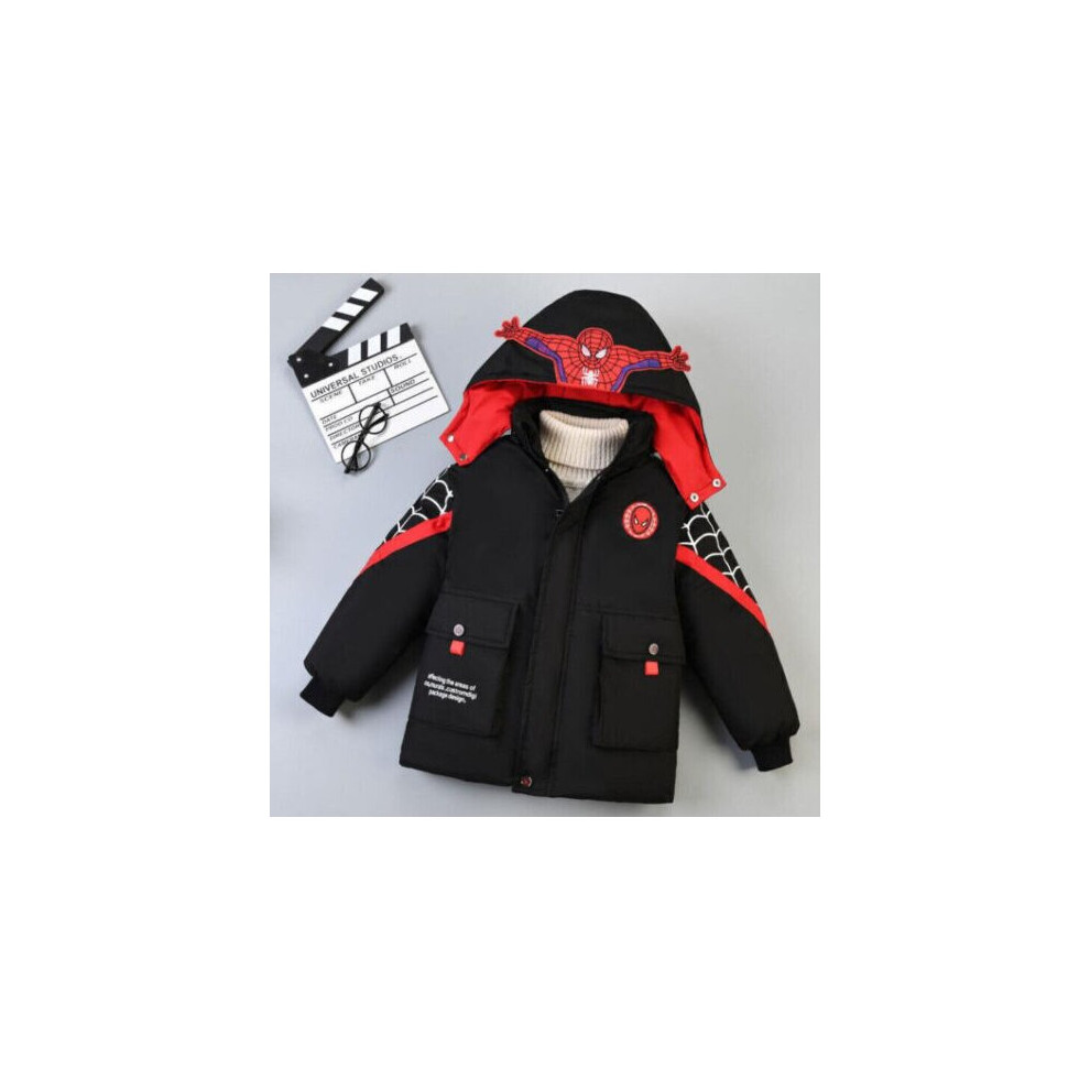 (  Black,   120cm?4-5years?) For Kids Boys Spiderman Hooded Jacket Winter Coat Parka Outerwear