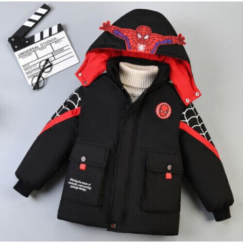 (  Black,   130cm?6-7years?) For Kids Boys Spiderman Hooded Jacket Winter Coat Parka Outerwear