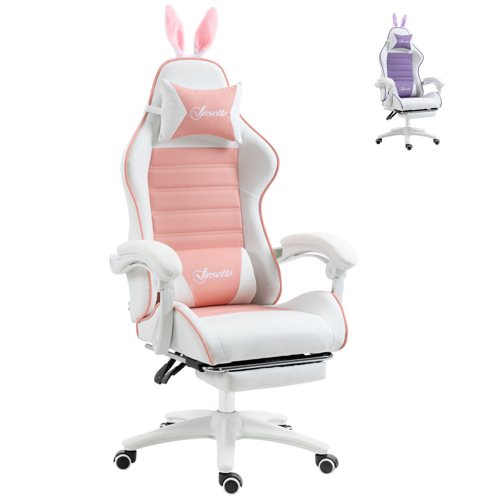 Pink Gaming Chair with Footrest Reclining Swivel Bunny Ears Ergonomic PU Leather - Image 4