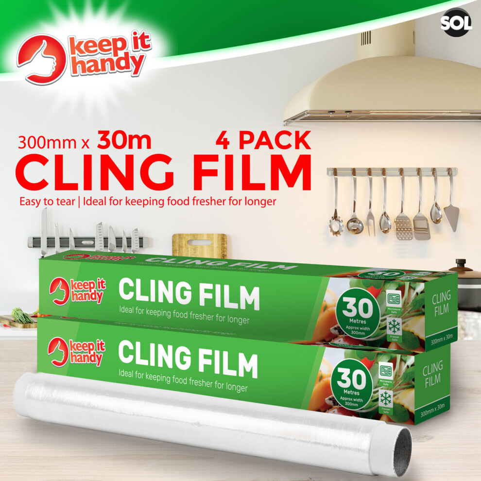 (4 units (4 x 30M)) 60-120M 300mm Cling Film | 2-4 Pack 30M Food Rolls Kitchen Plastic Wrap