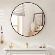 (50CM-Black) Slim Frame Round Mirror Wall Mounted Mirror Bathroom Bedroom Makeup Mirror