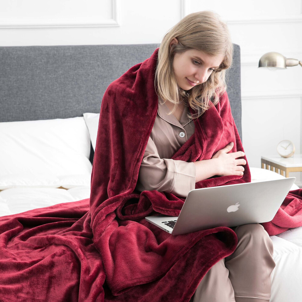 (Burgundy Red, King: 200 cm x 240 cm) 310 GSM Blanket Fleece Single Double King Super King Size Bed Throw Sofa Mink Blanket