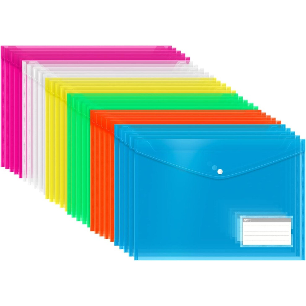 Plastic Wallets, 30 Pack A4 File Folders for Document Paperwork Clear Assorted Coloured Envelope Home School Travel Office Supplies