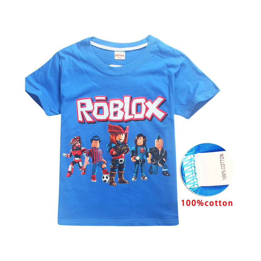 (Blue, 130cm) Childrens Roblox Game Print Short Sleeve Youth Boys Round Neck Tshirt Casual