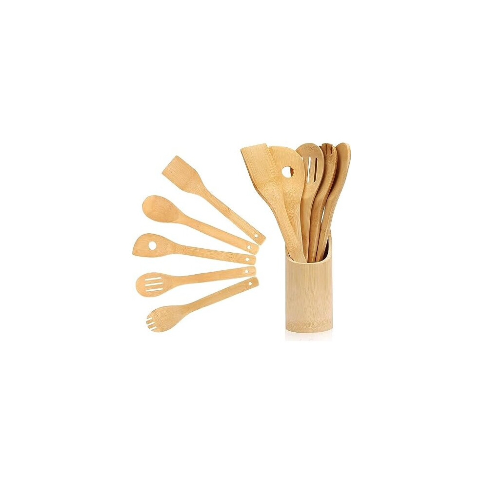 6 Piece Wooden Spoons Set with Holder Wood for Non-Stick Pots
