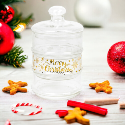 Merry Christmas 3 Tier Clear Glass Stacking Storage Cookie Cakes Jar 2
