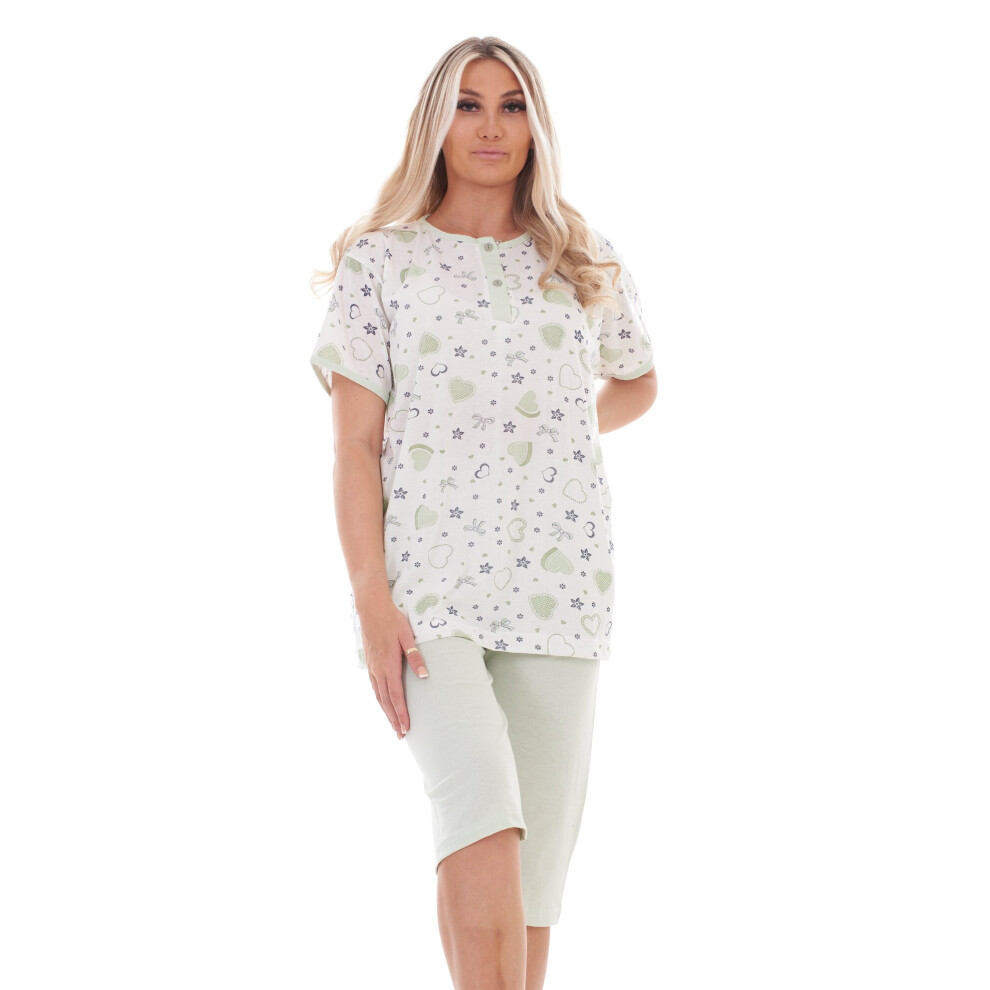 (Light Green, 5XL) Malay Plus Size Capri Pyjama Set Heart Printed Short Sleeve Buttons Cotton 4XL to 6XL