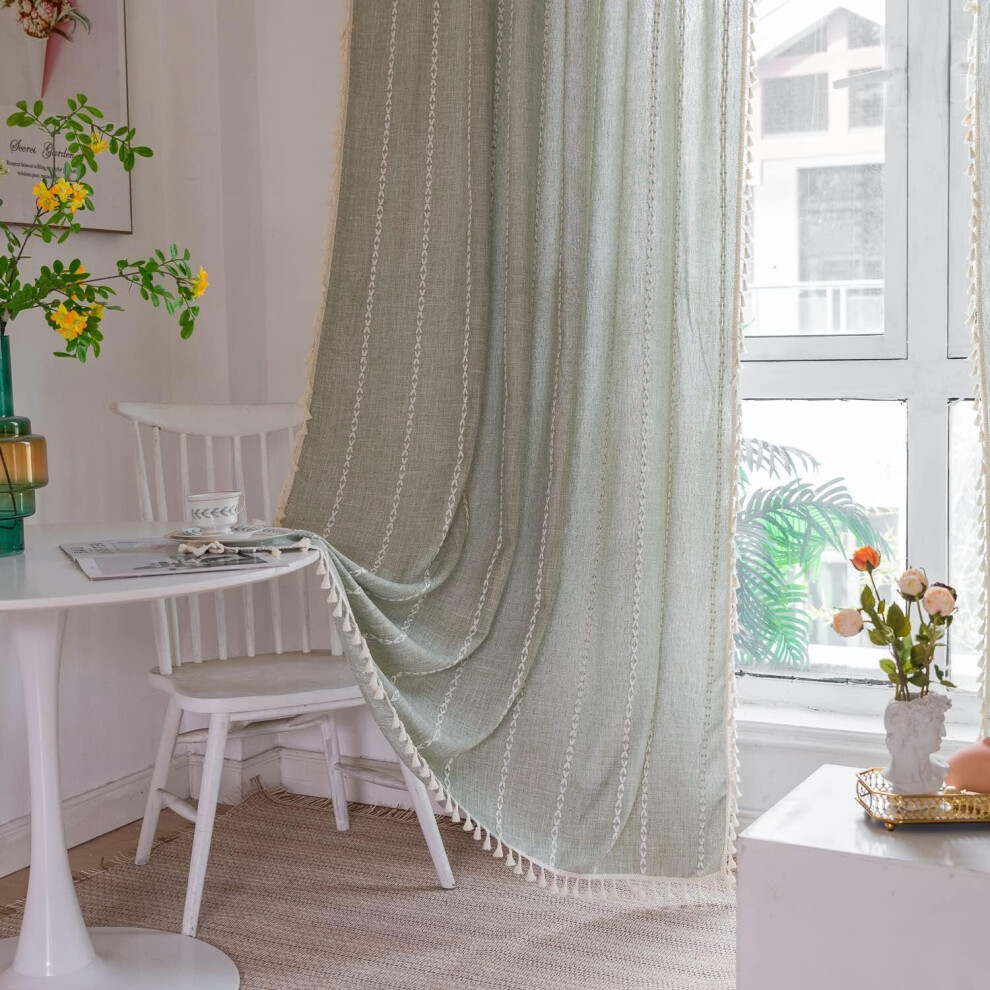 Bohemian Breeze Curtains Half Blackout Curtains, Linen Tassel Farmhouse Curtains with Embroidery Bedroom Rod Curtain Set (W 132.08xL213.36cm,2pcs)-image-OPC-PC5QB8Z-NEW