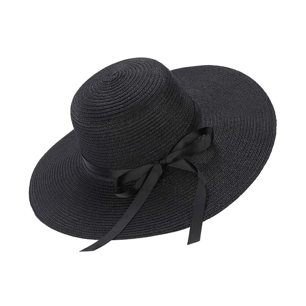 Women's Straw Hat Summer Bowknot Foldable Hats Sunhat (Black)