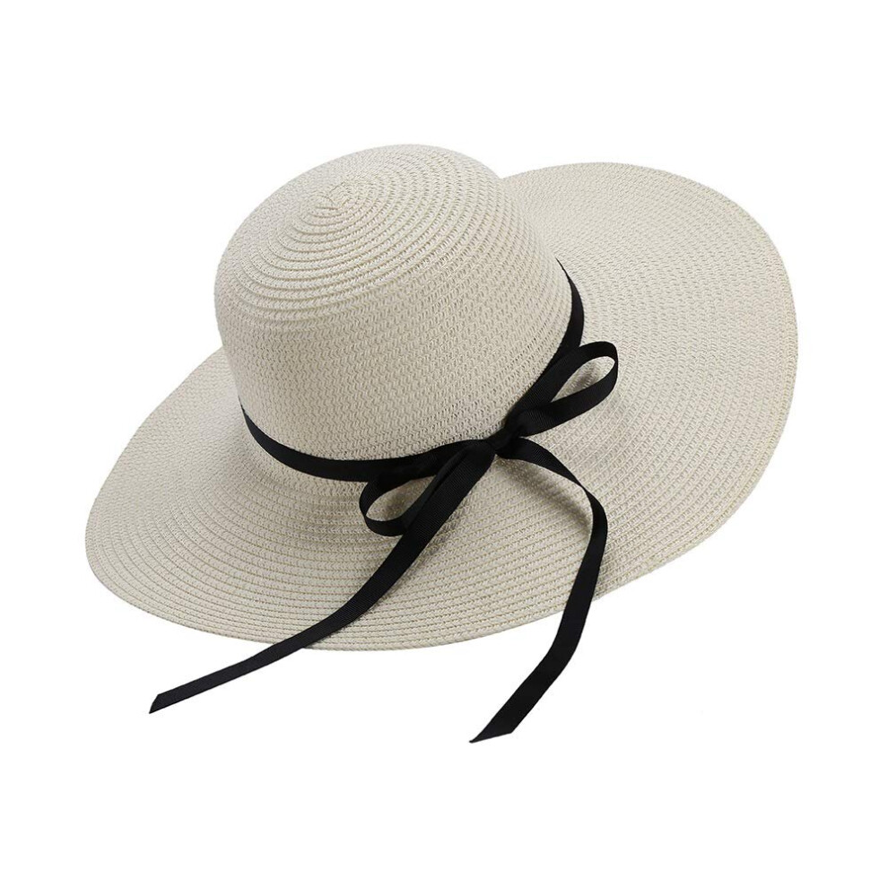 Women's Straw Hat Summer Bowknot Foldable Hats Sunhat (White)