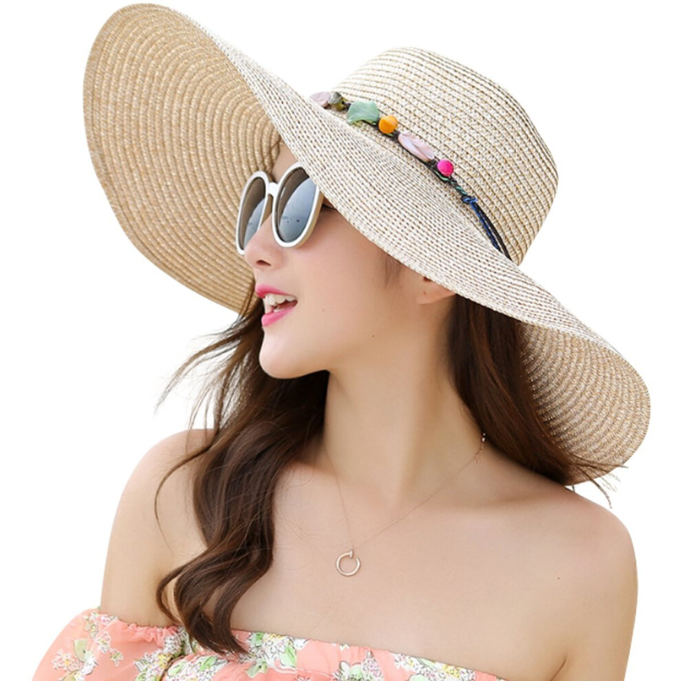 Womens Wide Brim Straw Hat Foldable Sun Hat UPF 50+ (Beige)