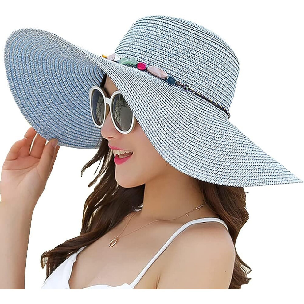 Womens Wide Brim Straw Hat Foldable Sun Hat UPF 50+ (Blue)