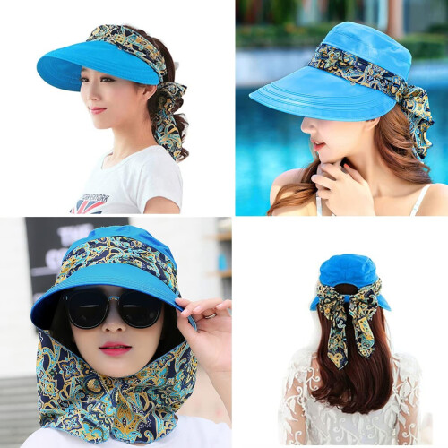 Women 2 in 1 Foldable Sun Hat With Neck Flap (Blue) 2