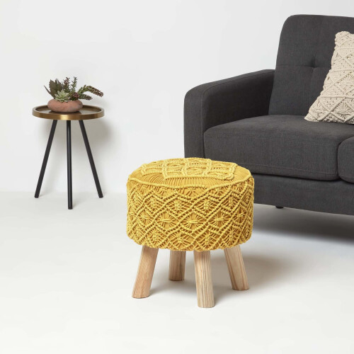 Homescapes (Yellow) Willow Macrame Teal Green Footstool 1