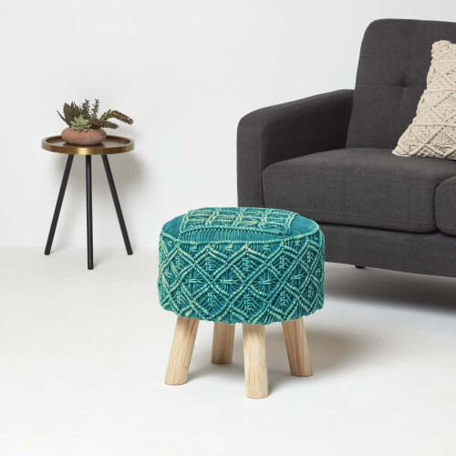Homescapes (Teal Green) Willow Macrame Teal Green Footstool 1