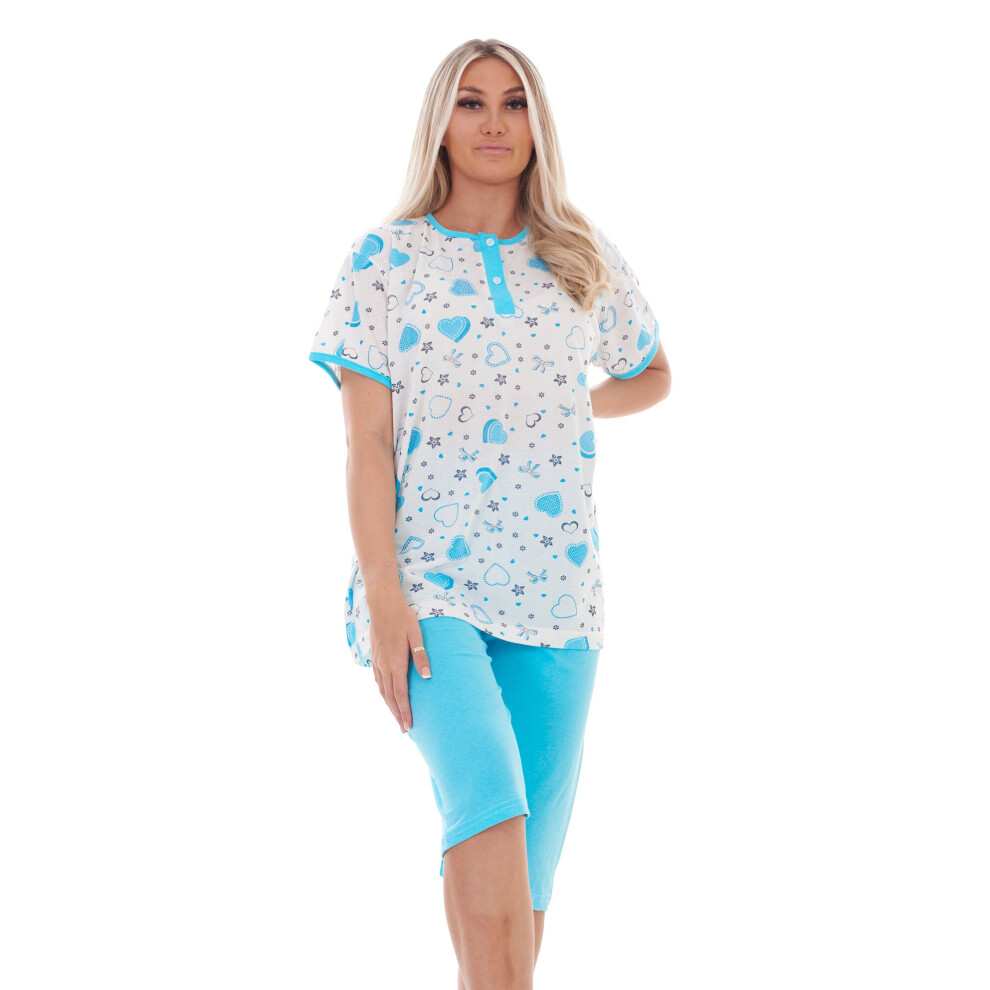 (Turquoise, 5XL) Malay Plus Size Capri Pyjama Set Heart Printed Short Sleeve Buttons Cotton 4XL To 6XL