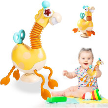 Sensory Toys for Toddlers,Telescopic Suction Cup Giraffe Toy,Food Grade Pulling String Activity Toy with Neck Pop Tube &Twisting Clockwork for Babies