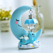 Cartoon Moon LED Night Light Resin Baby Nursery Lamp Ornaments Bedside Table Lamp Kids for Home Decoration (Blue)