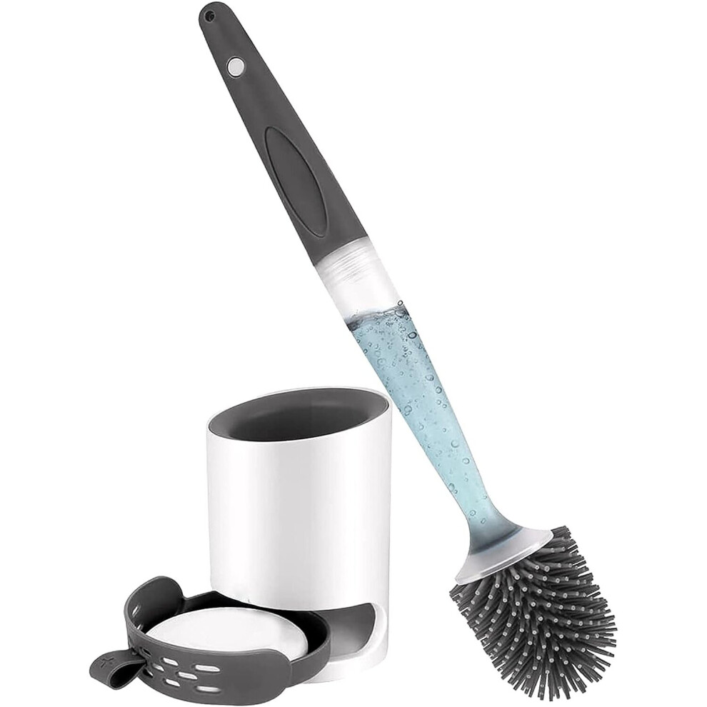 Silicone Toilet Brush with Soap Dispenser, Wall/Stand Mount No Drilling Cleaning Brush with Holder for Bathroom