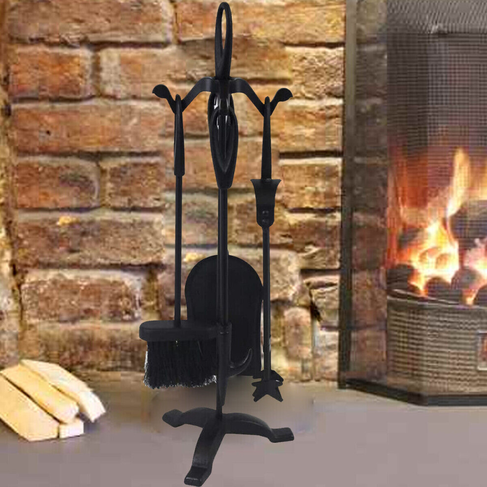 Black 5 Piece Fireplace Fireside Companion Set Fire Tools Stand Accessories