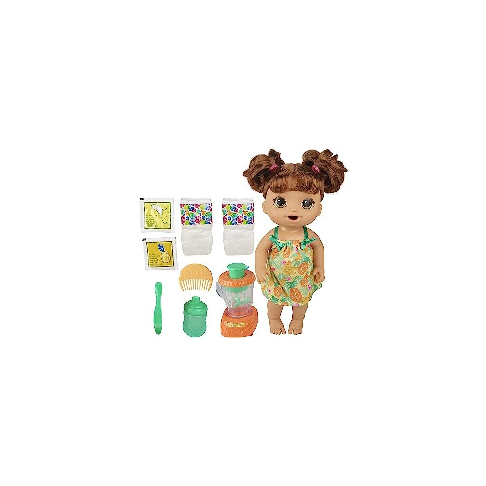 Baby Alive Magical Mixer Baby Doll Tropical Treat with Blender Accessories, Drinks, Wets, Eats, Brown Hair Toy for Children Aged 3 and Up