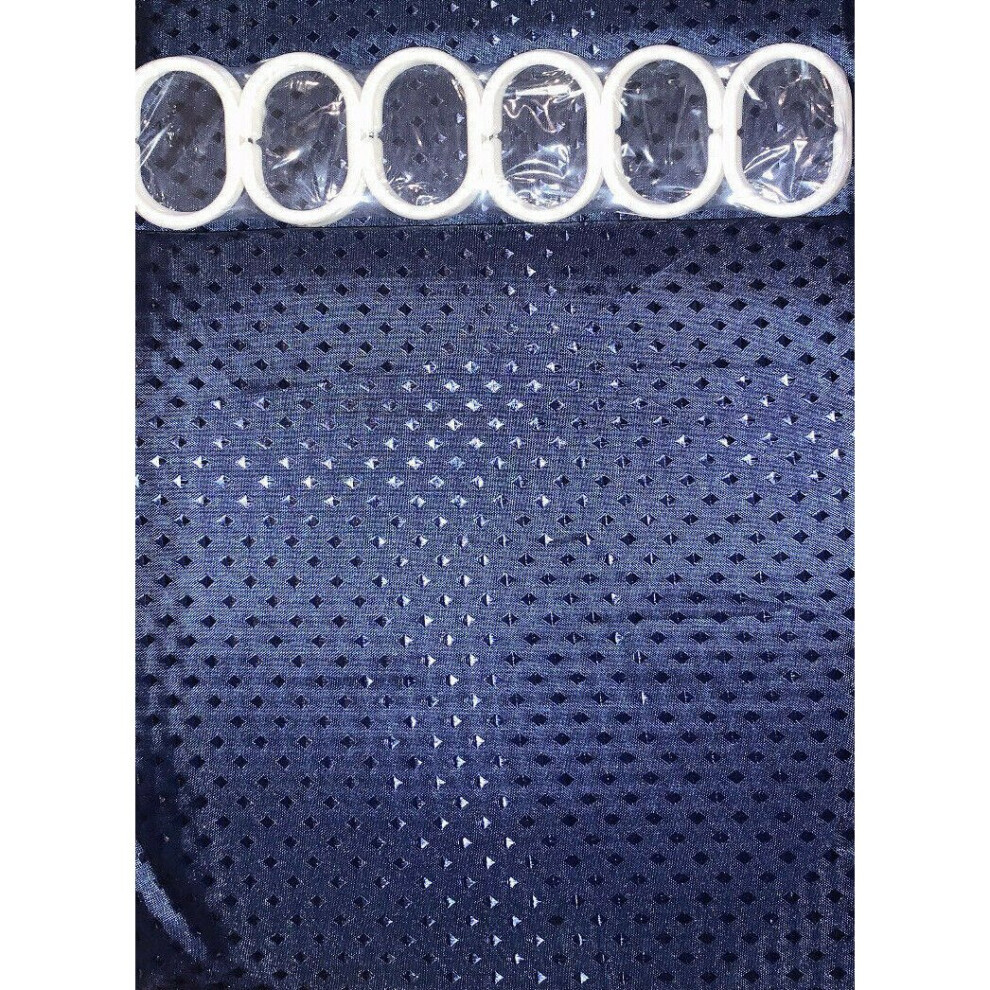 (Navy Blue) Shower Curtain Polyester Fabric Waterproof Bathroom Curtain Diamond Design Hooks