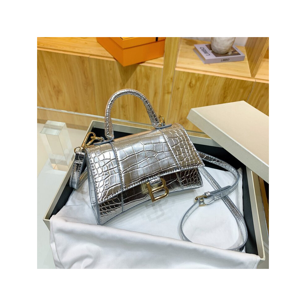 (Silver) Designer Luxury Soft Top-Handle Tote Women Alligator Pu Leather Hourglass Handbag Girl Metal Shoulder Messenger Bags
