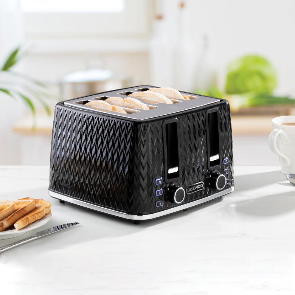 Daewoo Argyle Toaster 4 Slice Double 800W High Lift Reheat Defrost Large Slot Black