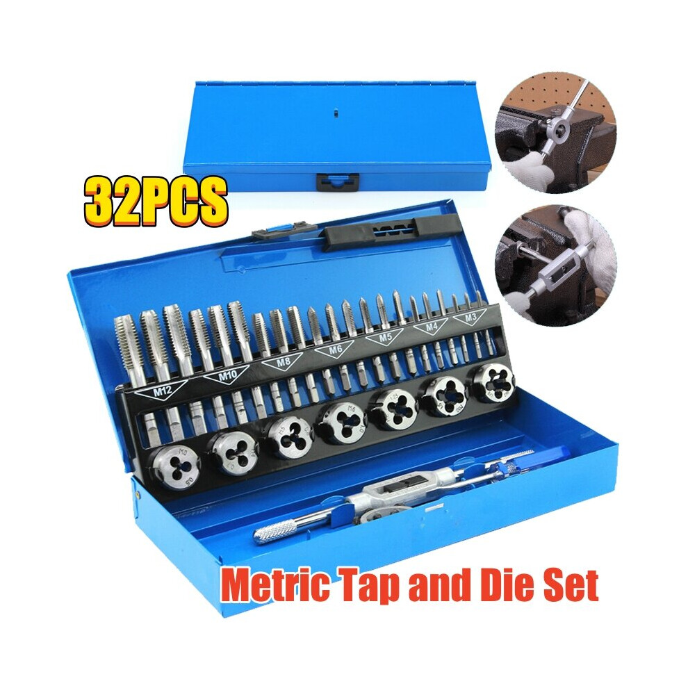 32PCs Metric Tap and Die Set Kit Thread Cutting Tool M3-M12