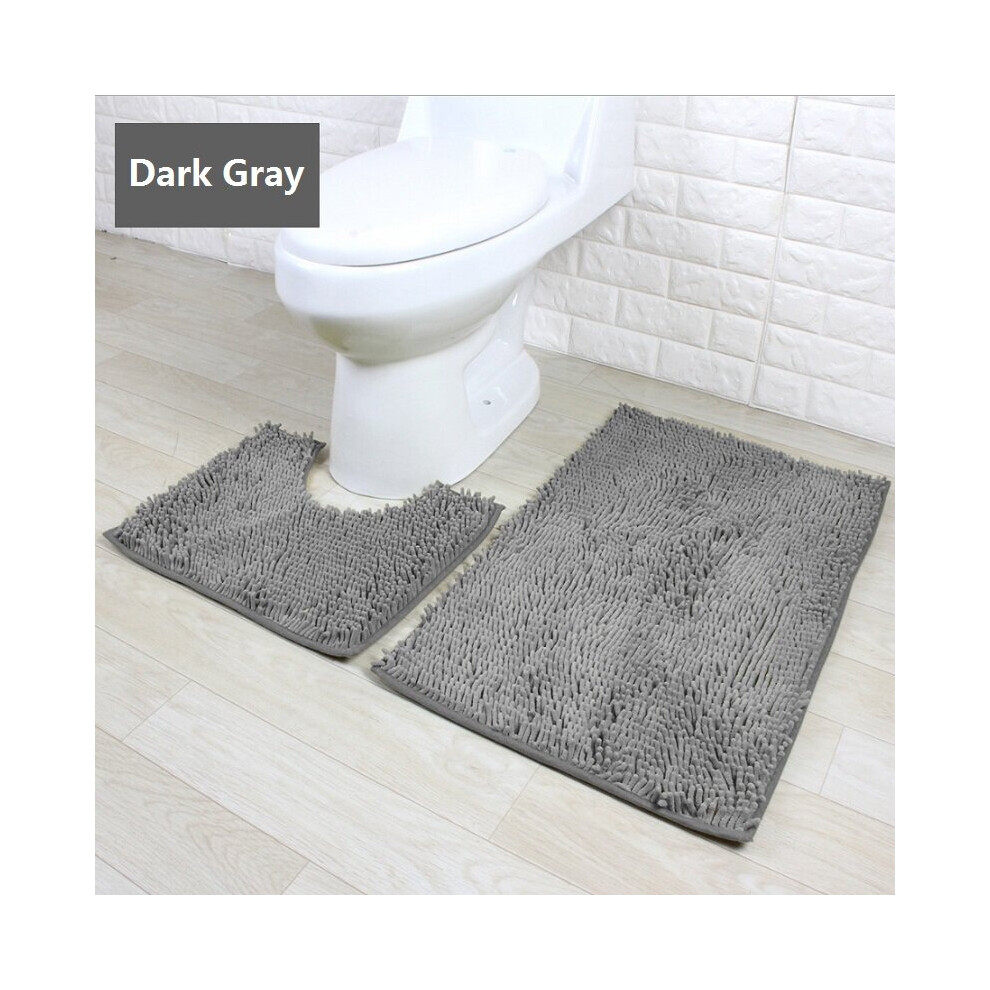 (Dark Gray) 2 Piece Bath Mat Set Non Slip Toilet Pedestal Soft Foam  Shaggy Chenille  Rug