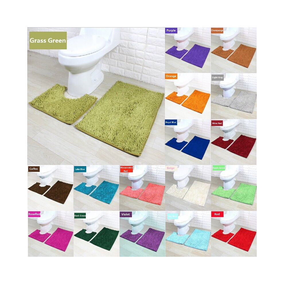 2 Piece Bath Mat Set Non Slip Toilet Pedestal Soft Foam  Shaggy Chenille  Rug