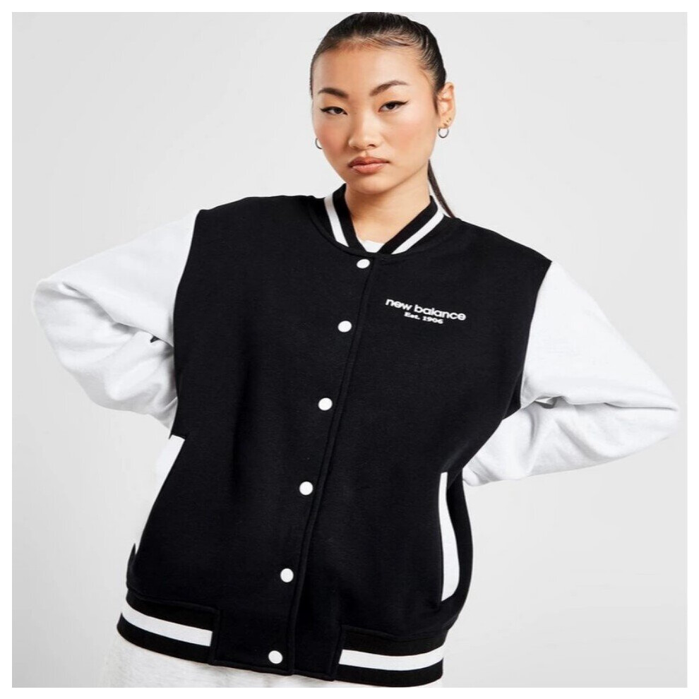 (XS, Black) New Balance Womens Varsity Jacket Fleece Contrast Girls Bomber Sweat Jacket