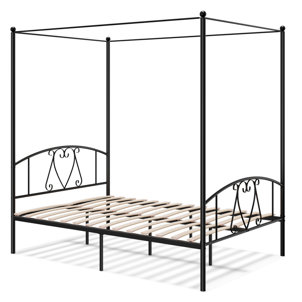 Double Size 4 - Poster Metal Canopy Bed Frame with Modern Wooden Slats