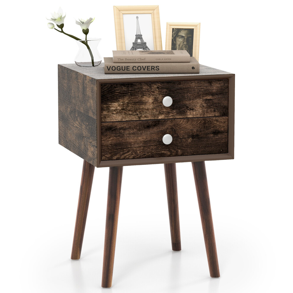 Bedside Table w/ 2 Storage Drawers Legs Solid Wood Night Stand Cabinet