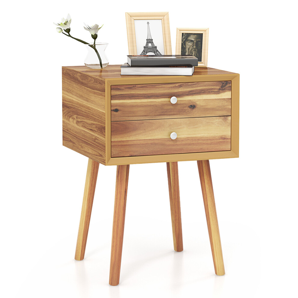 Bedside Table w/ 2 Storage Drawers Legs Solid Wood Night Stand Cabinet