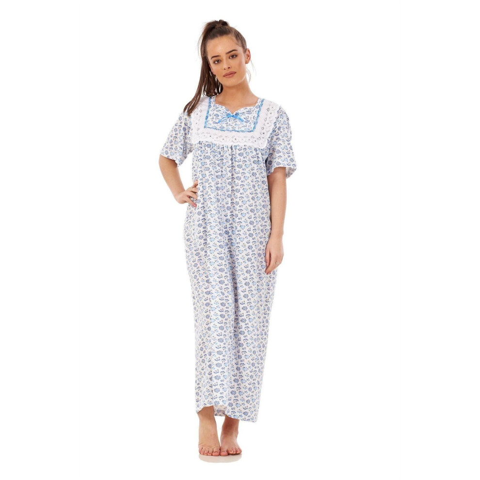 (Blue, L) Malay women Nightwear Floral Print 100% Cotton Short Sleeve Long Nightdress M to XXXL