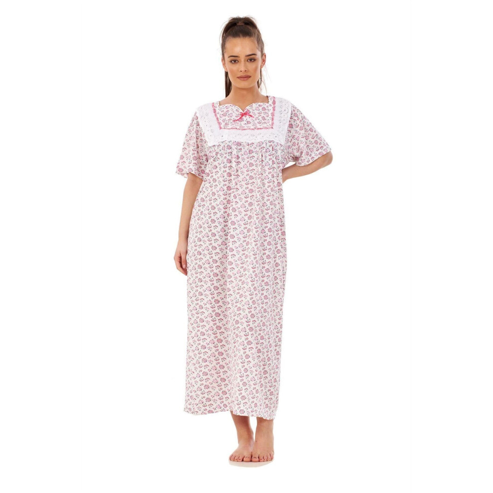 (Pink, L) Malay women Nightwear Floral Print 100% Cotton Short Sleeve Long Nightdress M to XXXL