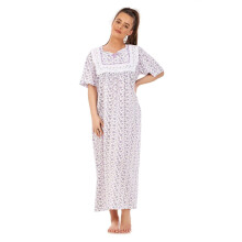 (Lavender, XXL) Malay women Nightwear Floral Print 100% Cotton Short Sleeve Long Nightdress M to XXXL