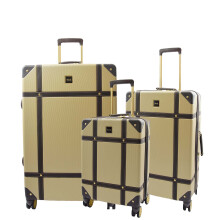 (Gold, Full Set 3 Sizes) Retro 8 Wheel Hard Shell Luggage Trunk Style Suitcase Travel Bags Archaic Gold